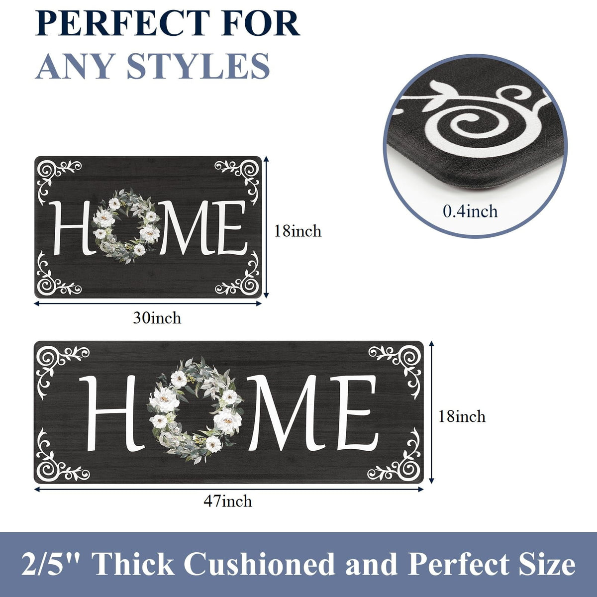 Findosom 2pcs Anti Fatigue Kitchen Rug Set,18"x30"+18"x47" Waterproof Non Slip Kitchen Runner Rug,0.4" Thick Cushioned Kitchen Floor Mats,Ergonomic Standing Mats Back Pain Relief Laundry Foam Rug