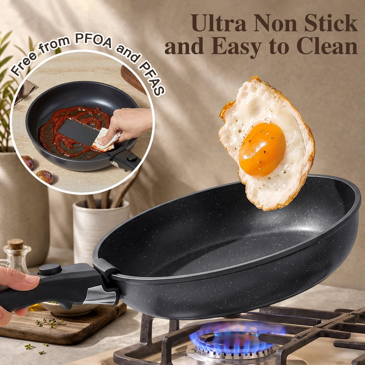 Gipp 11pcs Ceramic Cookware Sets, Pots and Pans Set Non Stick with Removable Handle, Oven & Dishwasher Safe,Induction Cookware