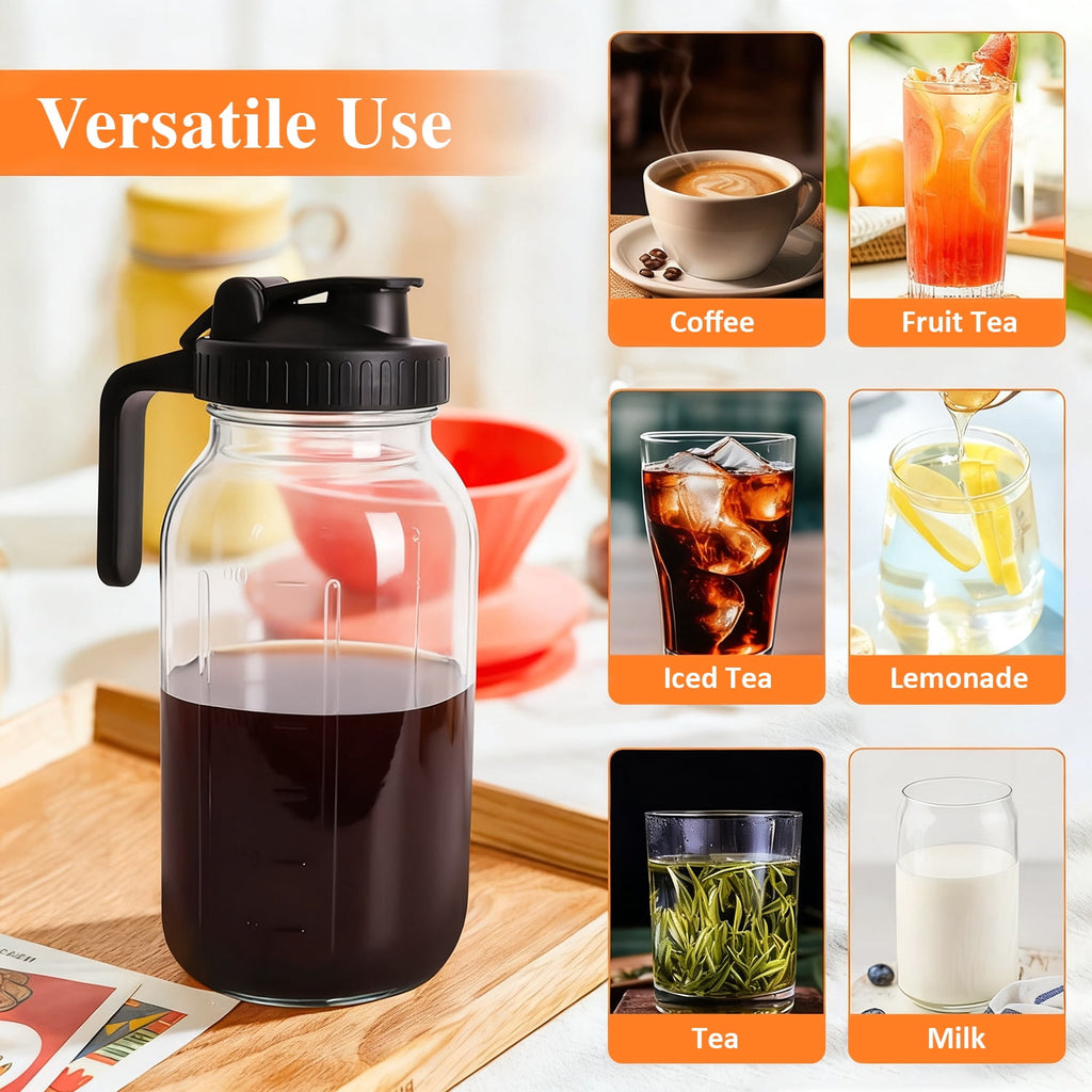 TINANA 64oz Wide Mouth Mason Jar Pitcher with Handle & Flip Lid, Heavy Duty Glass Cold Brew Coffee Maker, Airtight Leak-Proof Pitcher for Iced Tea, Juice, Lemonade