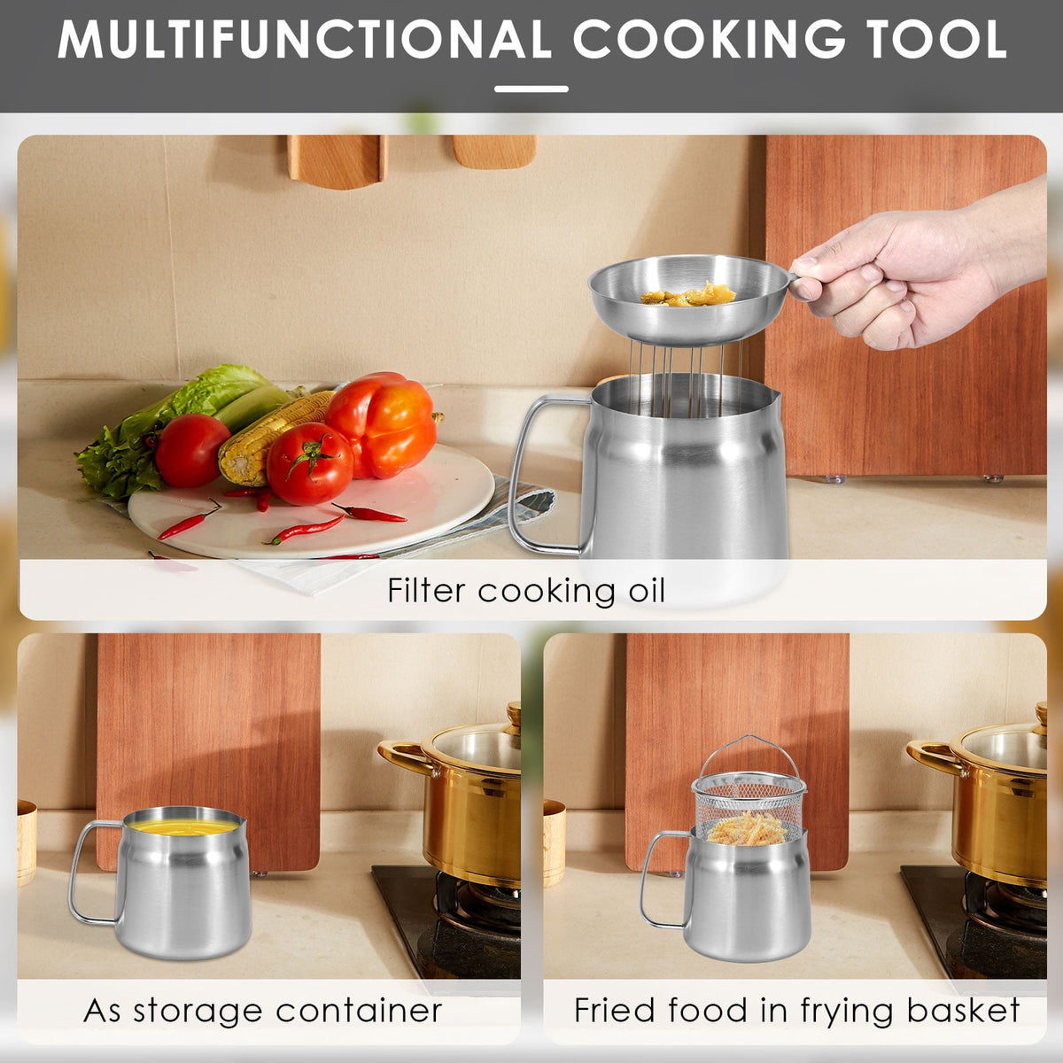 68oz Oil Strainer Pot 304 Stainless Steel Oil Grease Container Can with Filter Lid and Frying Basket Oil Container Can for Storing Frying Cooking Grease