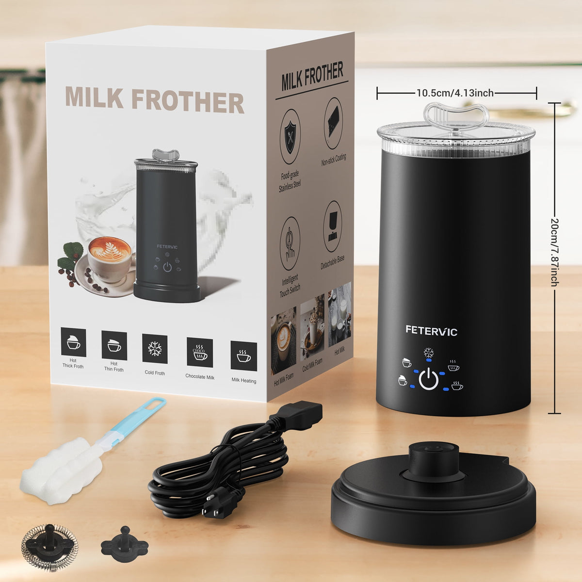 FETERVIC 5-in-1 Electric Frother, Touch Control Automatic Foam Maker, Warm Cold Heating Function for Latte Cappuccino Hot Chocolate