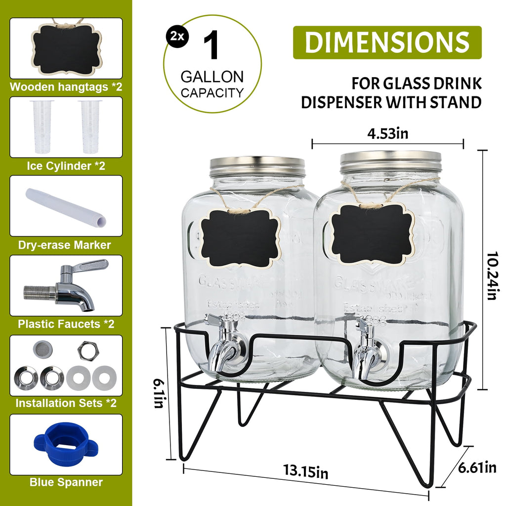 Soulgenix 2 Gallon Glass Drink Dispenser Set, Drink Dispensers for Parties Beverage Dispenser with Stand and Stainless Steel Spigot for Juice, Fruit Tea and Lemonade