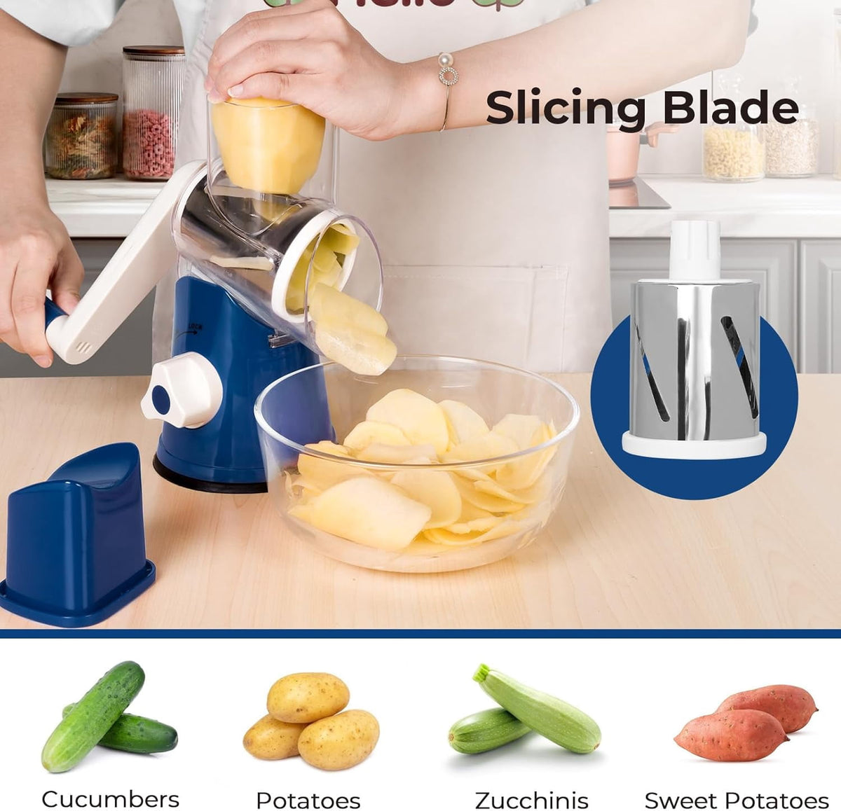 Premium Rotary Cheese Grater, Manual Cheese Grater for Kitchen, Handheld Vegetables Slicer Cheese Shredder with Rubber Suction Base, 3 Stainless Drum Blades Included,Blue