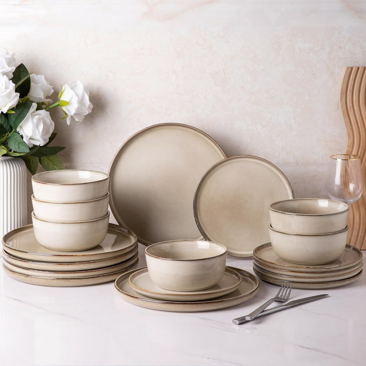 AmorArc Ceramic Dinnerware Sets for 4, 12 Pieces Stoneware Plates and Bowls Sets, Reactive Glaze Dishes -Scratch Resistant, Dishwasher&Microwave Safe, Space Blue (Service for 4)