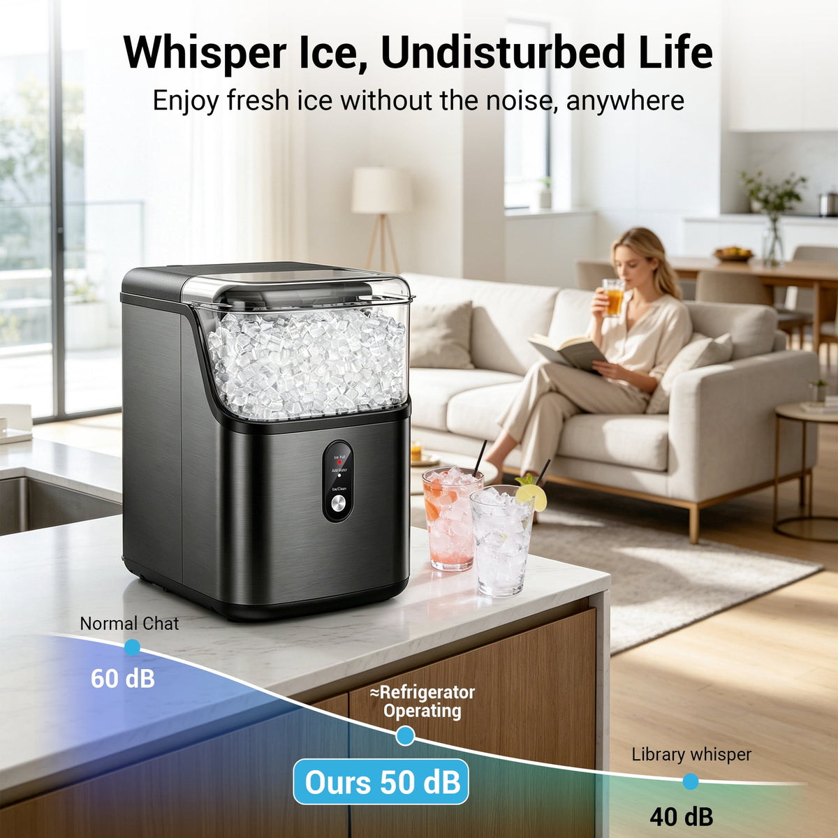 Snowyermine Nugget Ice Maker Countertop, 35 lbs per Day, Soft, Chewable Sonic-Style Pebble Ice, One-Touch Self-Cleaning, Stainless Steel, Black, for Home, Kitchen, Office, RV and Camping
