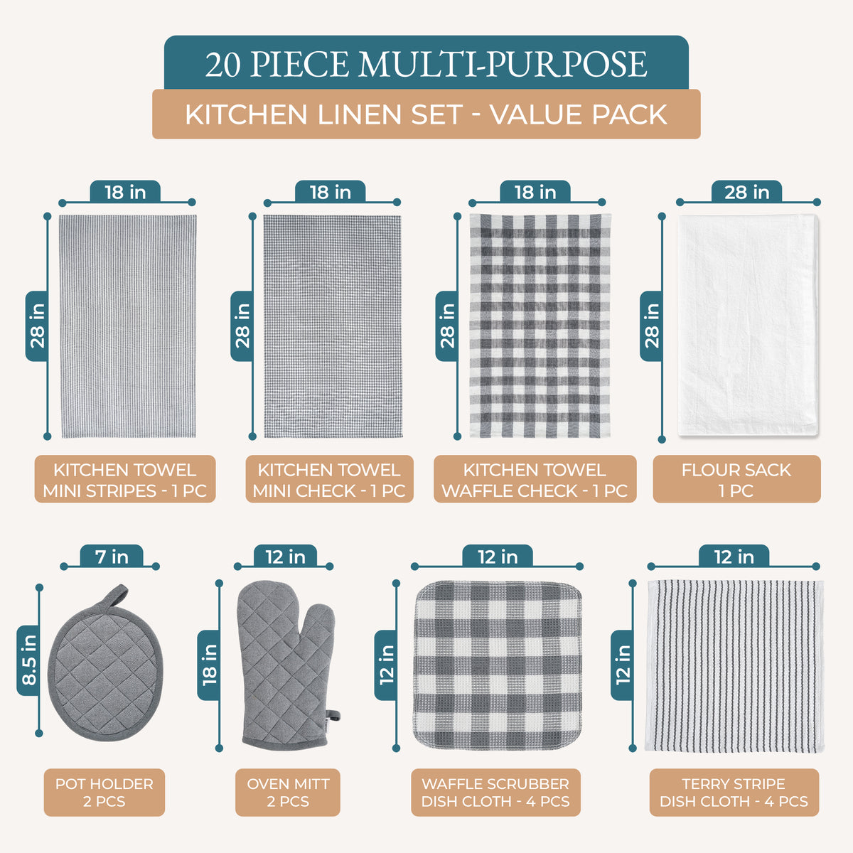 20 Piece Kitchen Towel Set - Cotton Dish Towels, Heat Resistant Kitchen Mittens and Pot Holder Set, Apron for Women with Pockets , Absorbent Dish Towels for Kitchen Drying - Olive