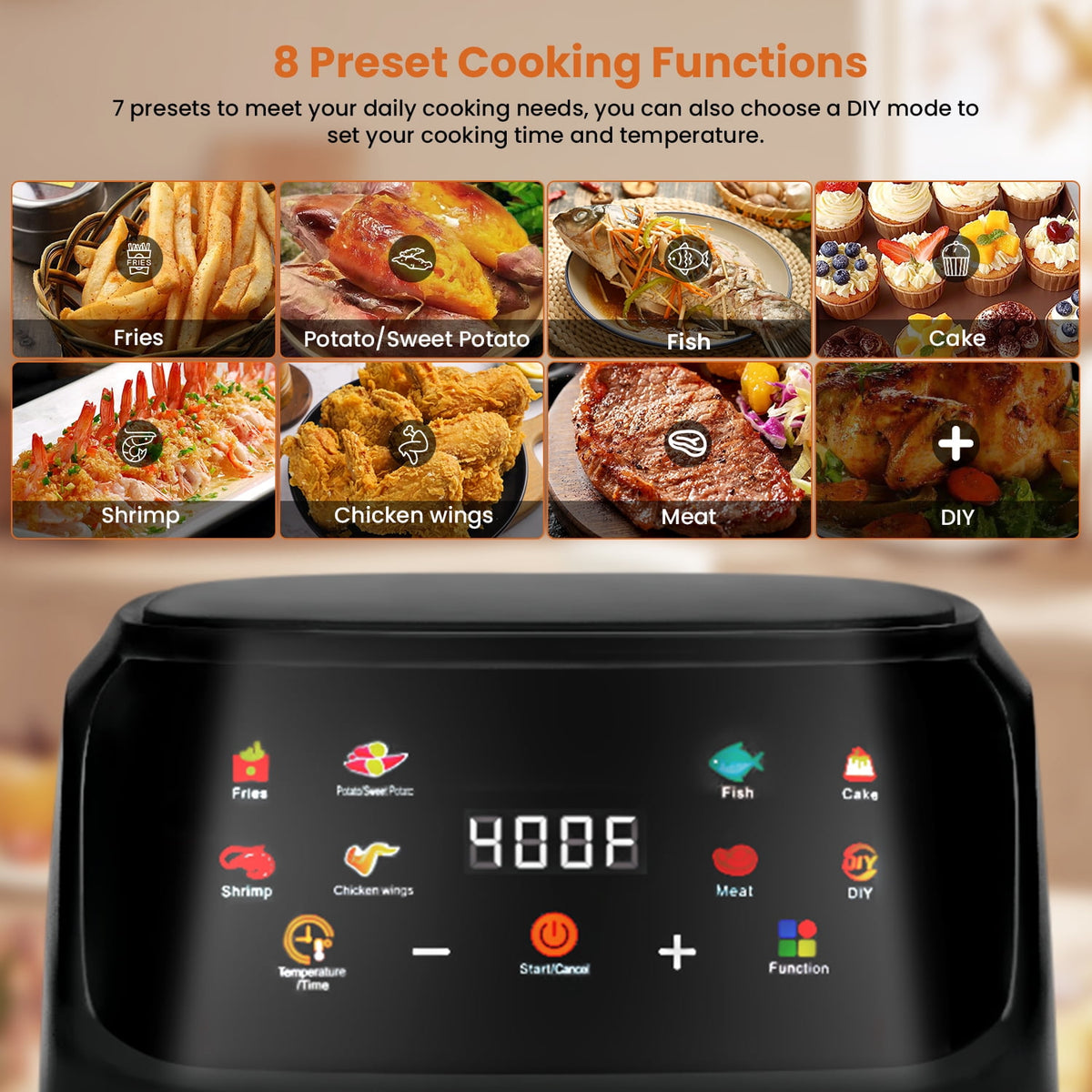Bluebow Air Fryer Large 7.5QT, 8-in-1 Digital Touchscreen, Visible Cooking Window, 1700W, Cream White