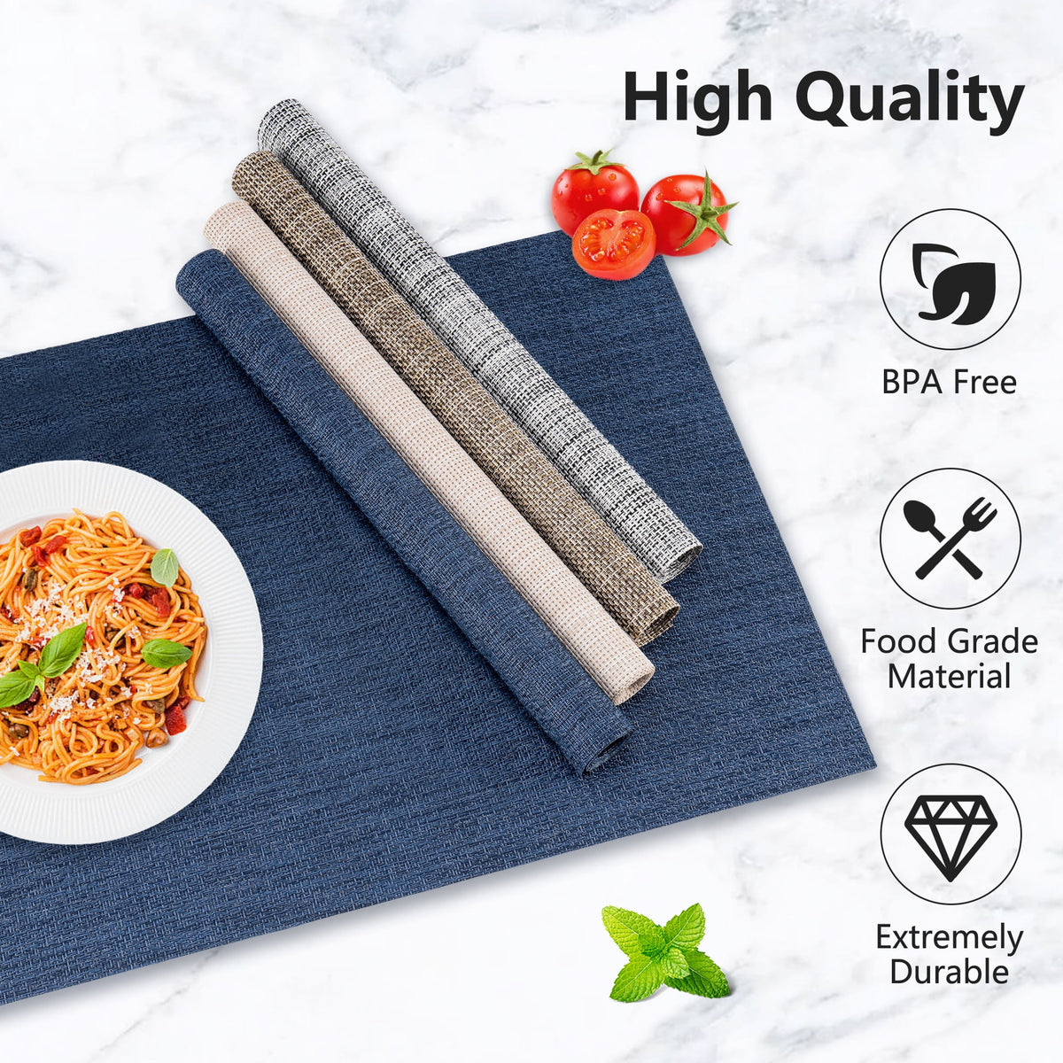 VCVCOO Navy Blue Placemats Set of 4 - Easy Clean Washable PVC Vinyl Placemats - Wipeable Heat Resistant Woven Table Mats for Dining Table - 12x18 inch