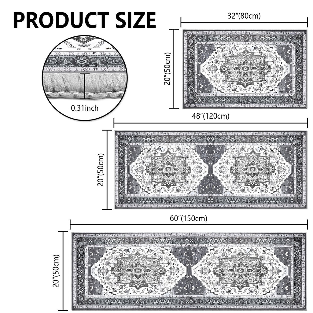 TECHVIDA Kitchen Rug Set 3 Piece,Non Slip Machine Washable Kitchen Mats, Farmhouse Hallway Doormat for Home Floor and Living Room,Gray