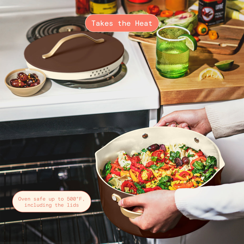 Beautiful 12-Piece Cookware Set, Pots and Pans with Strainer Lids and EverGood Ceramic Nonstick Coating, White Icing by Drew Barrymore