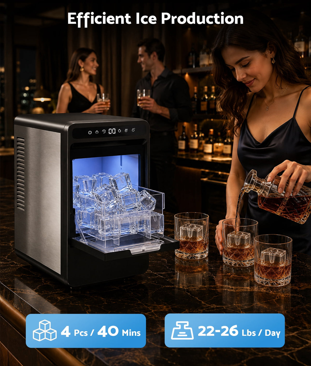 Flamemore Clear Countertop Ice Maker, 8 Crystal Clear 1.2" Large Craft Ice Cubes in 20 Mins, Portable Ice Machine with Self-Cleaning for Home Bar, Whiskey & Cocktails