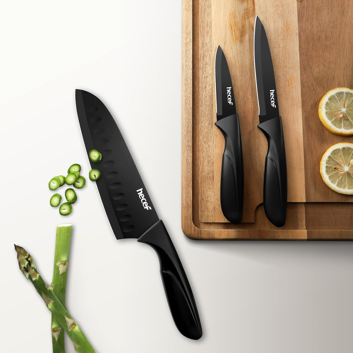 Hecef 3-Piece Kitchen Knife Set Chef, Santoku and Paring Knives, Ultra Sharp, Rust-Resistant