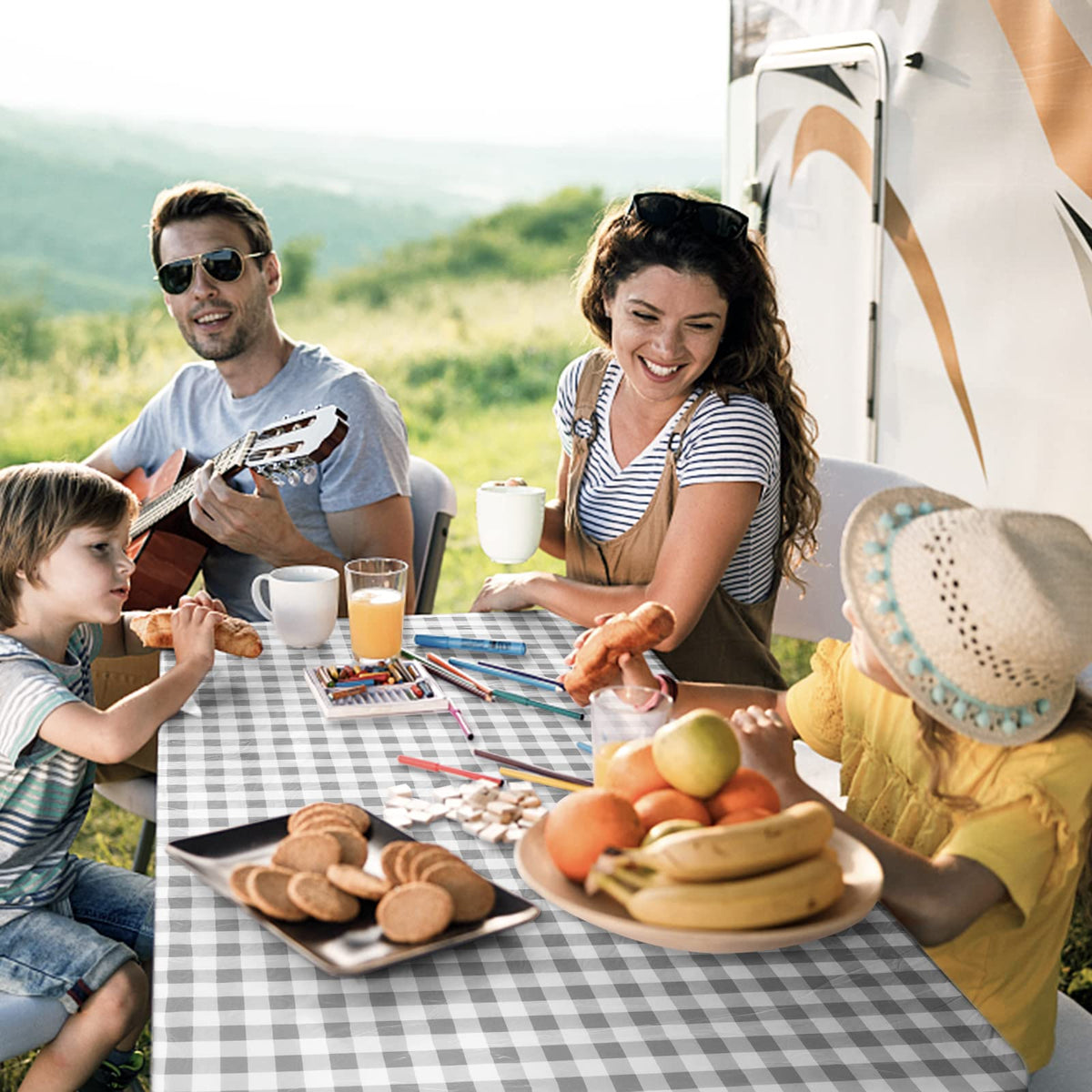 UMINEUX 3-Piece Rectangle Checkered Picnic Table Cover with Bench Covers Vinyl Flannel Backing with Elastic Edge (30"x72", Black and White)
