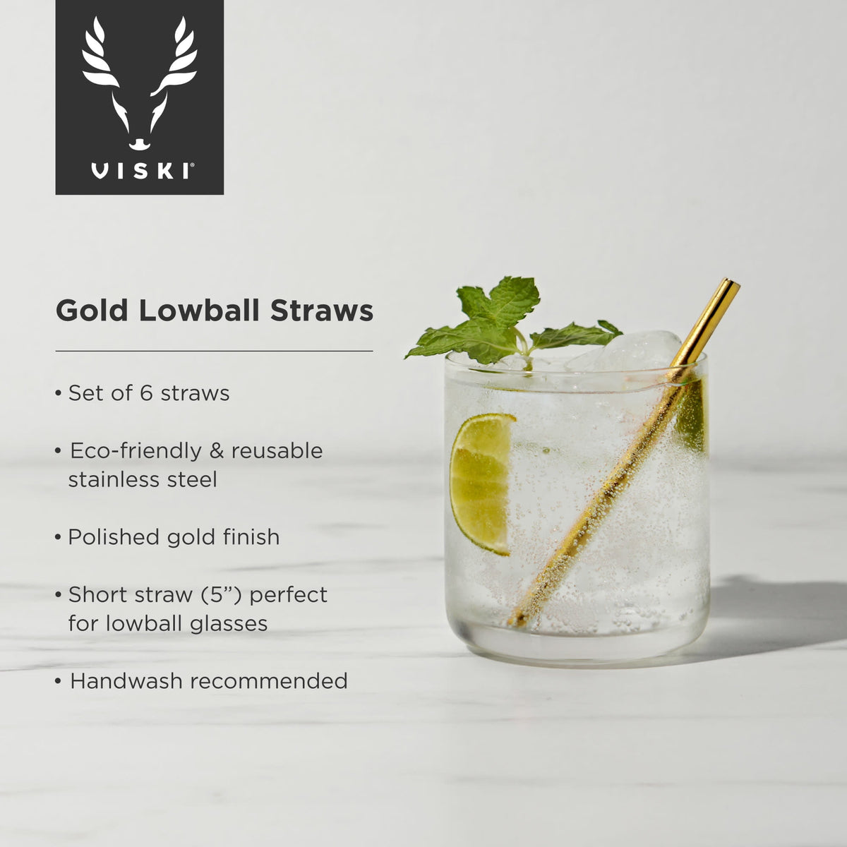 Viski Belmont Stainless Steel Cocktail Straws, Reusable Straws 5" Set of 6
