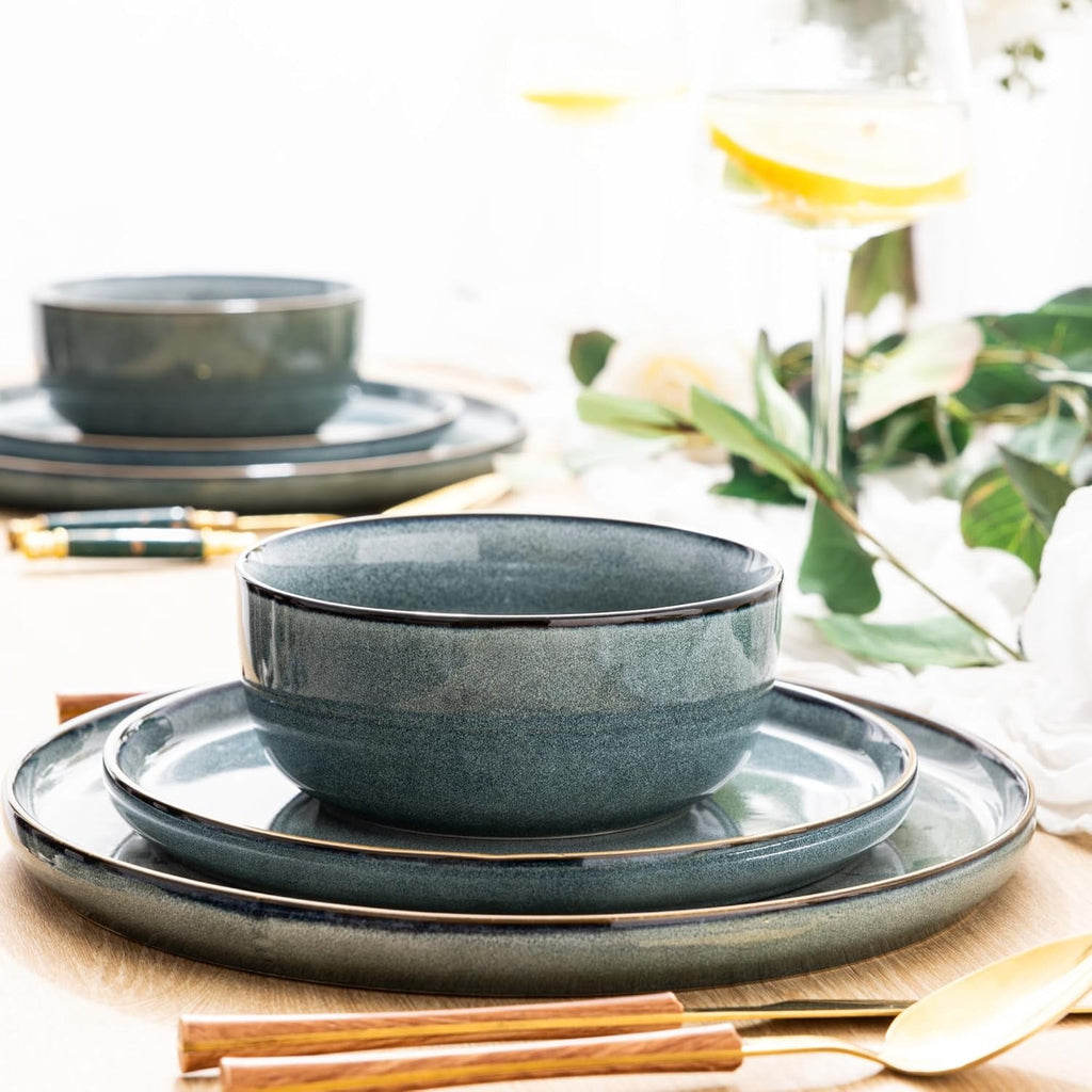 AmorArc Ceramic Dinnerware Sets for 4, 12 Pieces Stoneware Plates and Bowls Sets, Reactive Glaze Dishes -Scratch Resistant, Dishwasher&Microwave Safe, Space Blue (Service for 4)