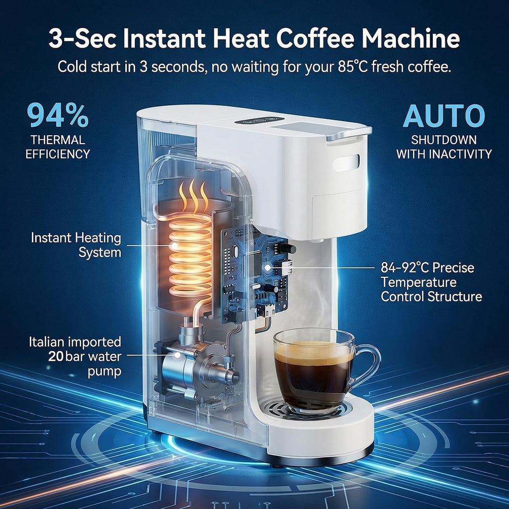 GVODE 4-in-1 Single Serve Coffee Maker, 3-Second Heat-Up, 20 Bar Hot and Iced Espresso Machine, White