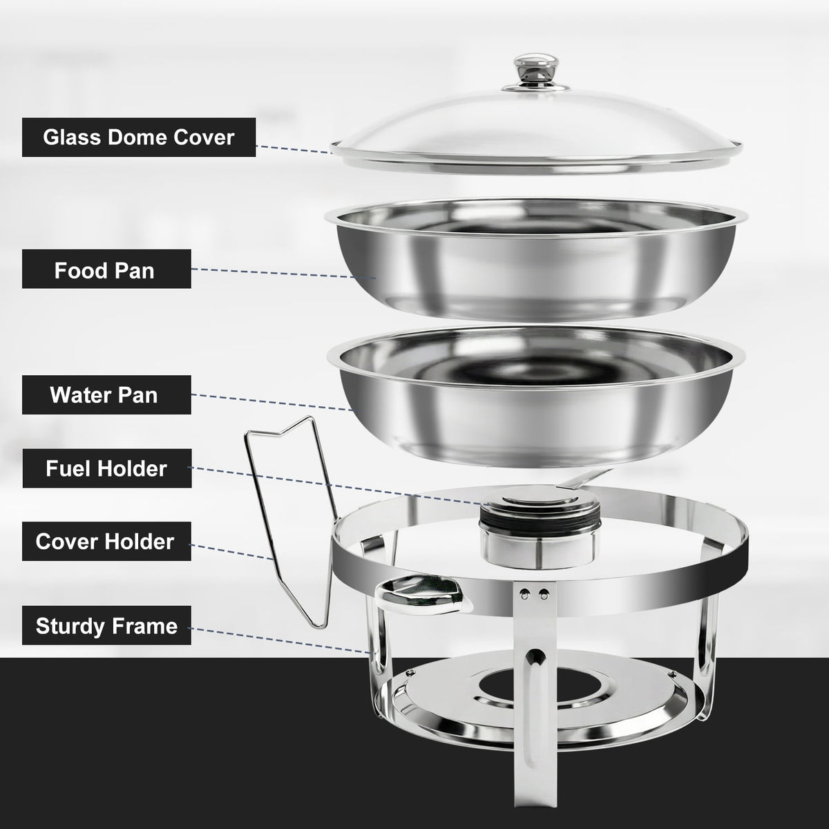 Bluebow 4 pack Chafing Dish Buffet Set, 5QT Stainless Steel Food Warmer, Chafing Dish for Buffet with Glass Lid & Holder for Party, Wedding, Catering