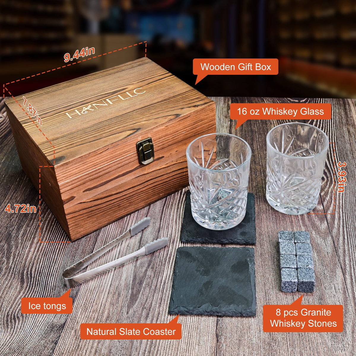 TINANA Whiskey Glass Set Gifts for Men: 11 OZ Scotch Glass, Old Fashioned Whiskey Glasses for Birthday Decorations,Ideal Gifts for Him,Dad,Husband,with Wooden Box,Chilling Stones,Coaster