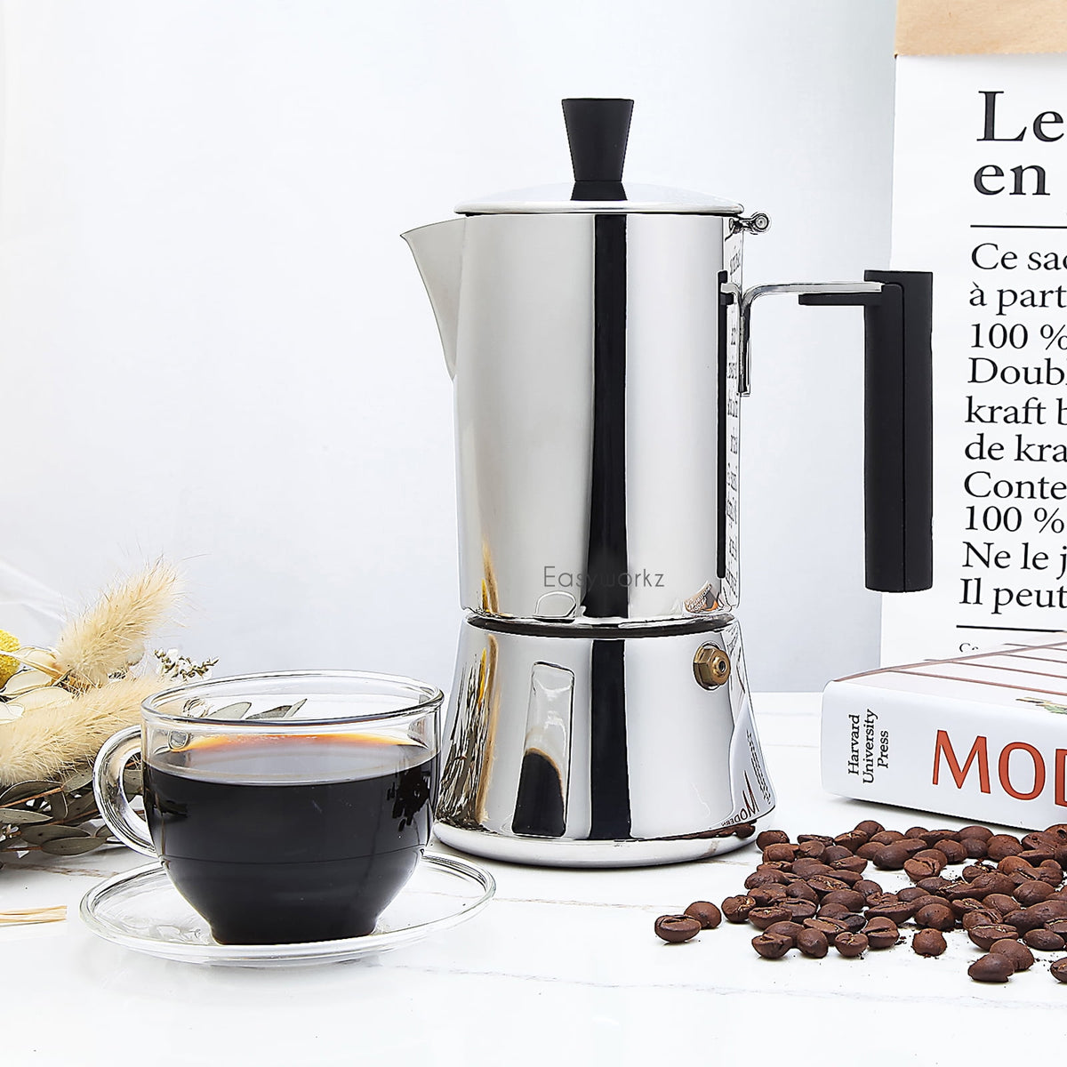 Easyworkz Pedro 6 Cup Stovetop Espresso Maker Stainless Steel Italian Coffee Maker Greca Moka Pot, 10 oz