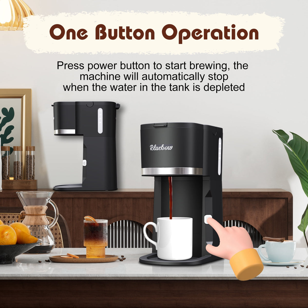 Bluebow Single Serve Coffee Maker for K Cup & Ground Coffee& Tea, Capsule Coffee Machine, 6-12oz Brew Size, Black