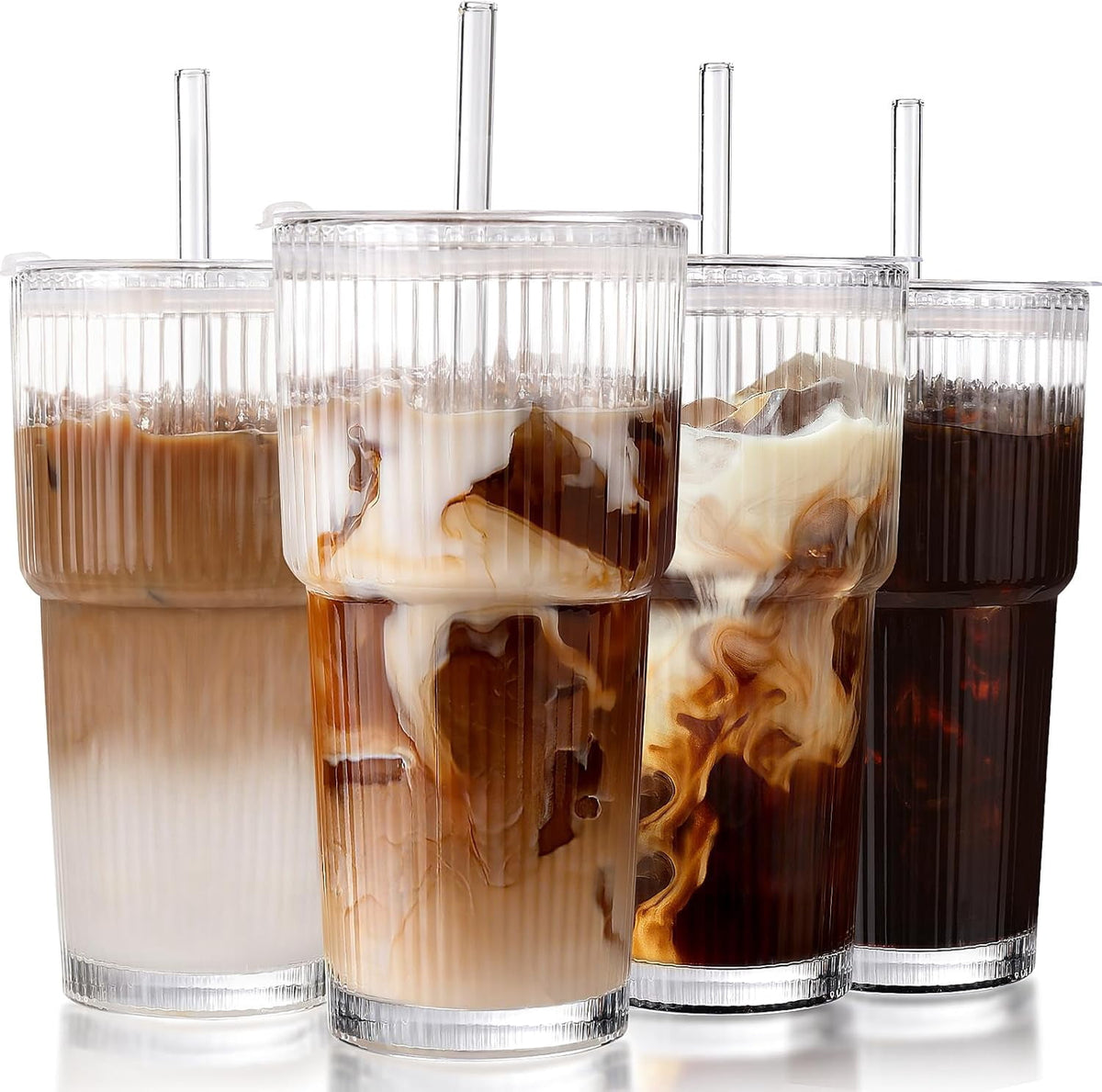 TAIMASI 4-Pack Ribbed Glass Tumblers with Lids, Straws and Cleaning Brush, 20oz Leakproof for Iced Coffee，Cocktails, Juice