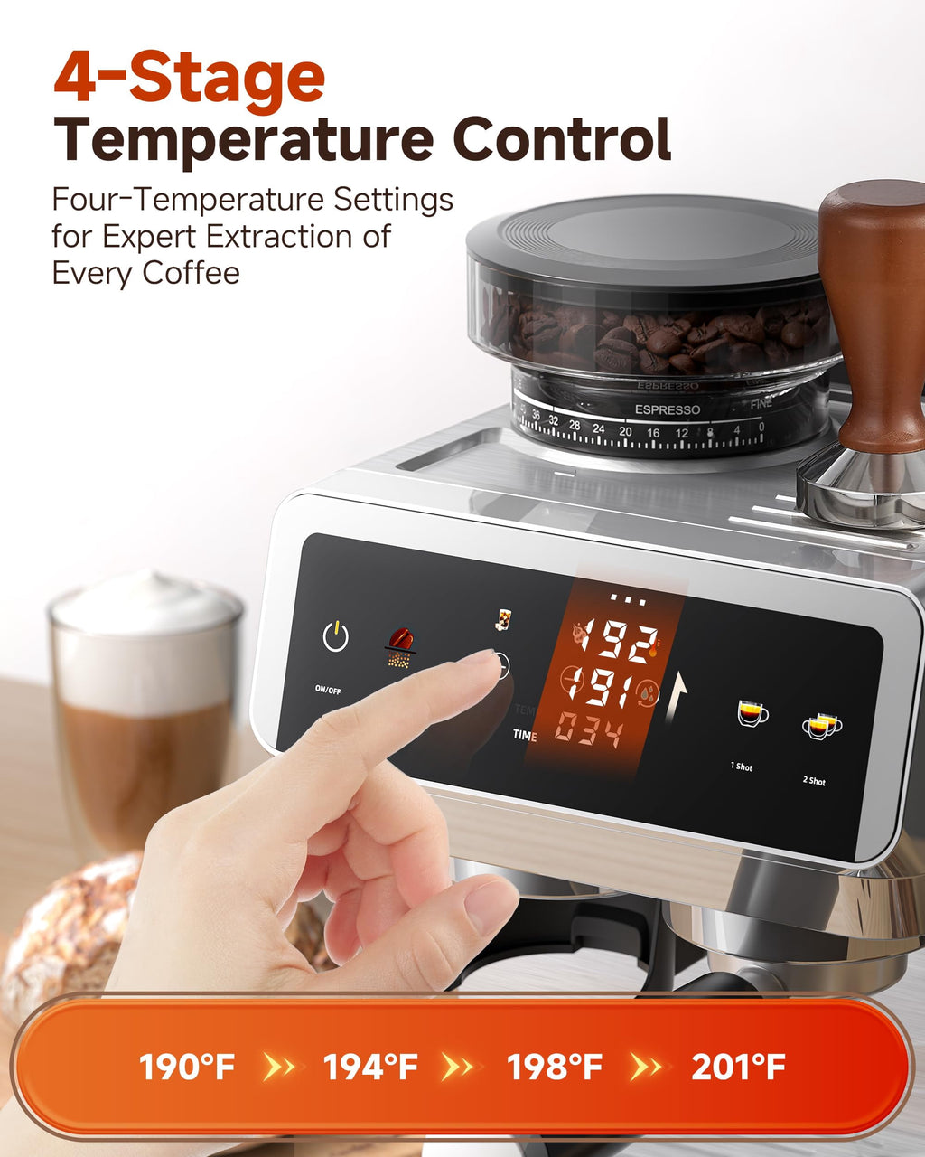 20 Bar Espresso Machine with Built-in Grinder, Semi-Automatic 1350W Coffee Maker with Touch Screen, Stainless Steel Body, Milk Frother Wand, 35 Grind Settings, Adjustable Temperature & Cold Brew Mode