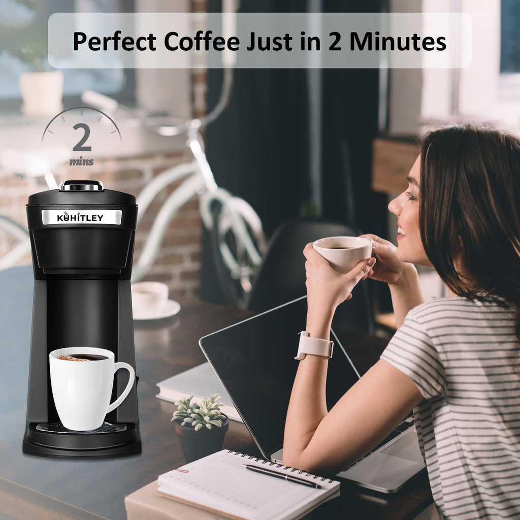2 in 1 Single Serve Coffee Maker for K Cup Pods & Ground Coffee, Mini K Cup Coffee Machine with 6 to 14 oz Brew Sizes, Single Cup Coffee Brewer with One-Press Fast Brewing, Reusable Filters,Black