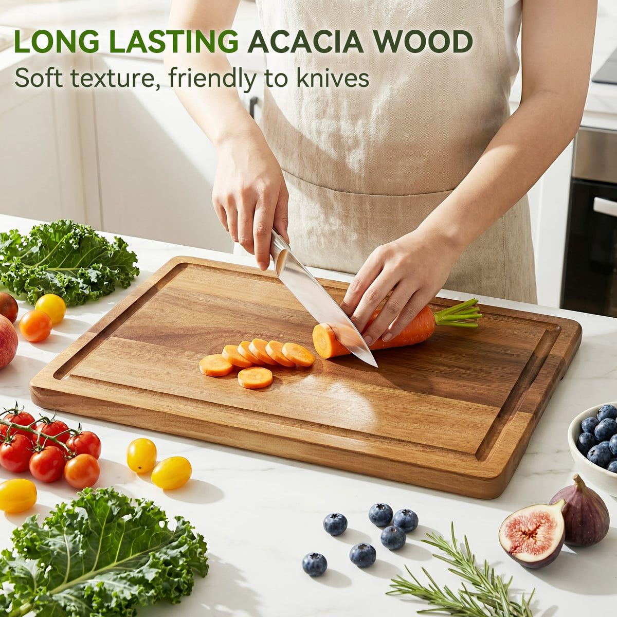 Kikcoin Acacia Wood Cutting Board, Cutting Board Set of 3 with Juice Groove, Wooden Chopping Boards for Kitchen, for Meat & Vegetables