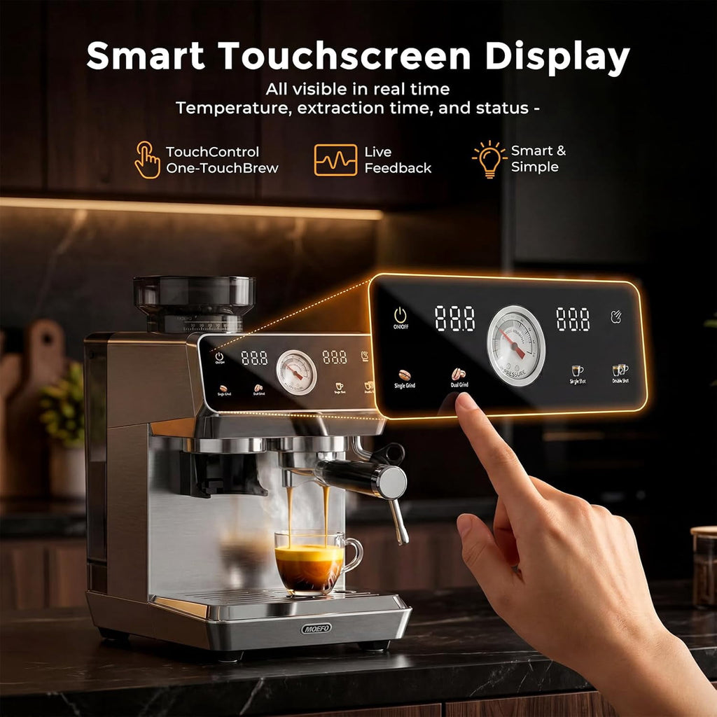 MOEFO Espresso Machine with Grinder, 20 Bar Programmable Semi-Automatic Coffee Maker, Visual Pressure Gauge & Touchscreen, Compact Design with 44-Grind Settings, Make Americano, Latte