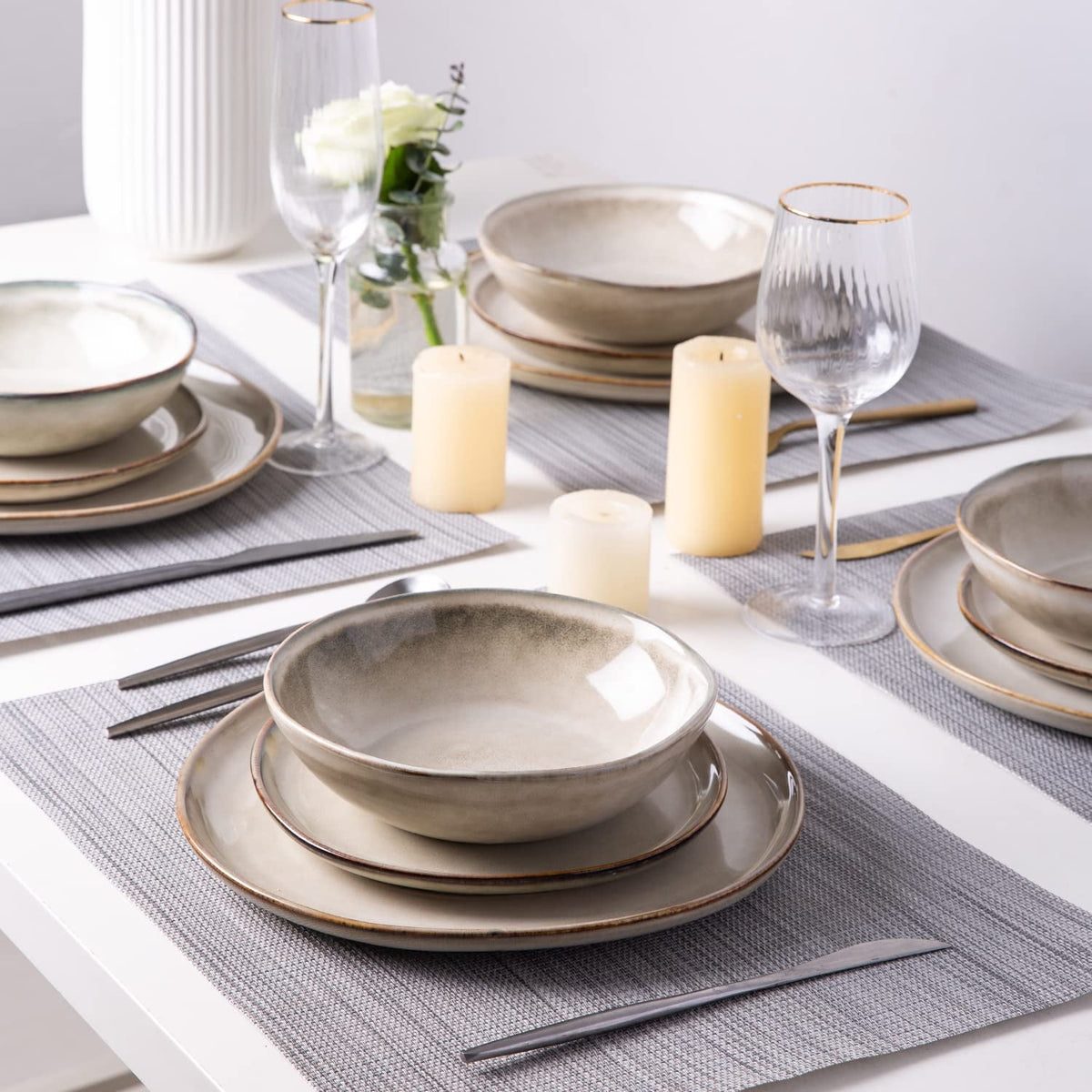 AmorArc Ceramic Plates Set of 6, 8.5 Inch Handmade Reactive Glaze Stoneware Plates set for Dessert, Salad, Appetizer, Dinner, Microwave & Dishwasher Safe, Scratch Resistant-Pearl White