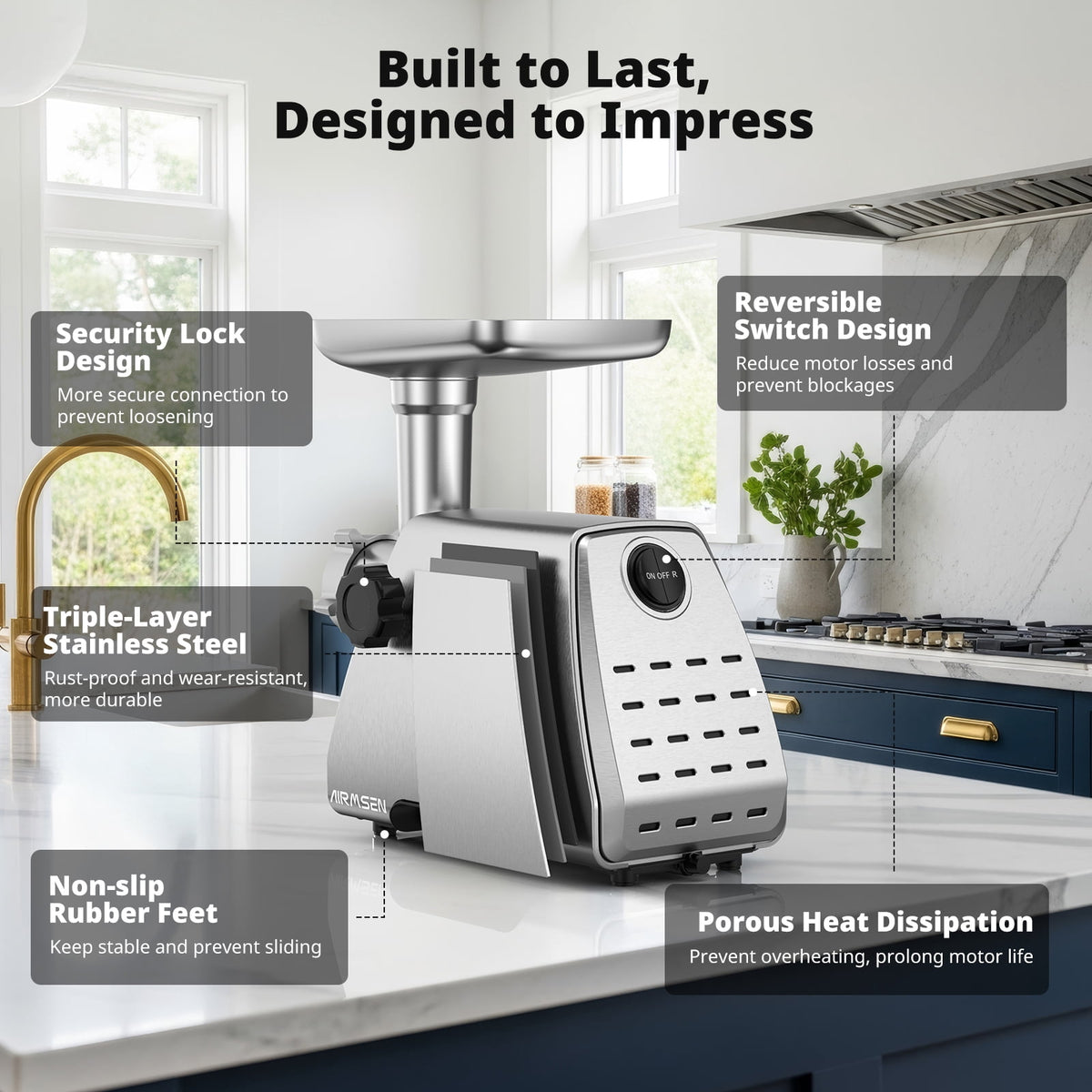 AIRMSEN Stainless Steel Meat Grinder, Electric 3 in 1 Meat Mincer with 2 Blades & 3 Plates, Sausage & Kubbe Maker Kit, Fixed Lock, Double Switch, Food Grinder for Home Kitchen Use