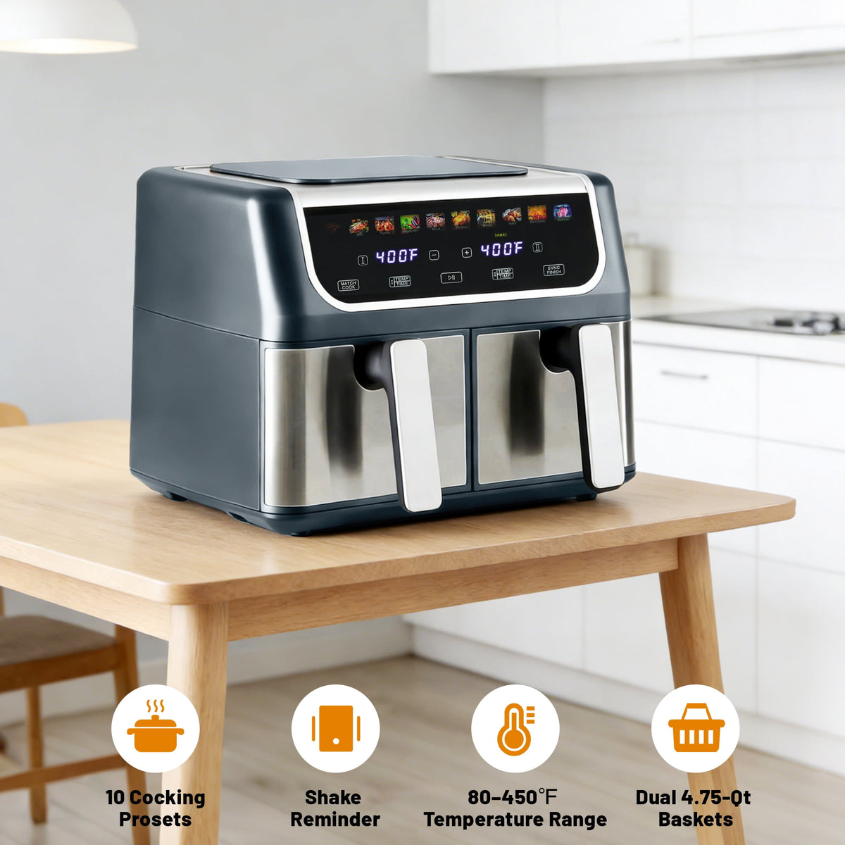 EDX 9QT Dual Basket Stainless Steel Air Fryer with Digital Sync & Match Cook, 1700W, 10 Presets, 2 Independent Cooking Zones, Shake Reminder, Black