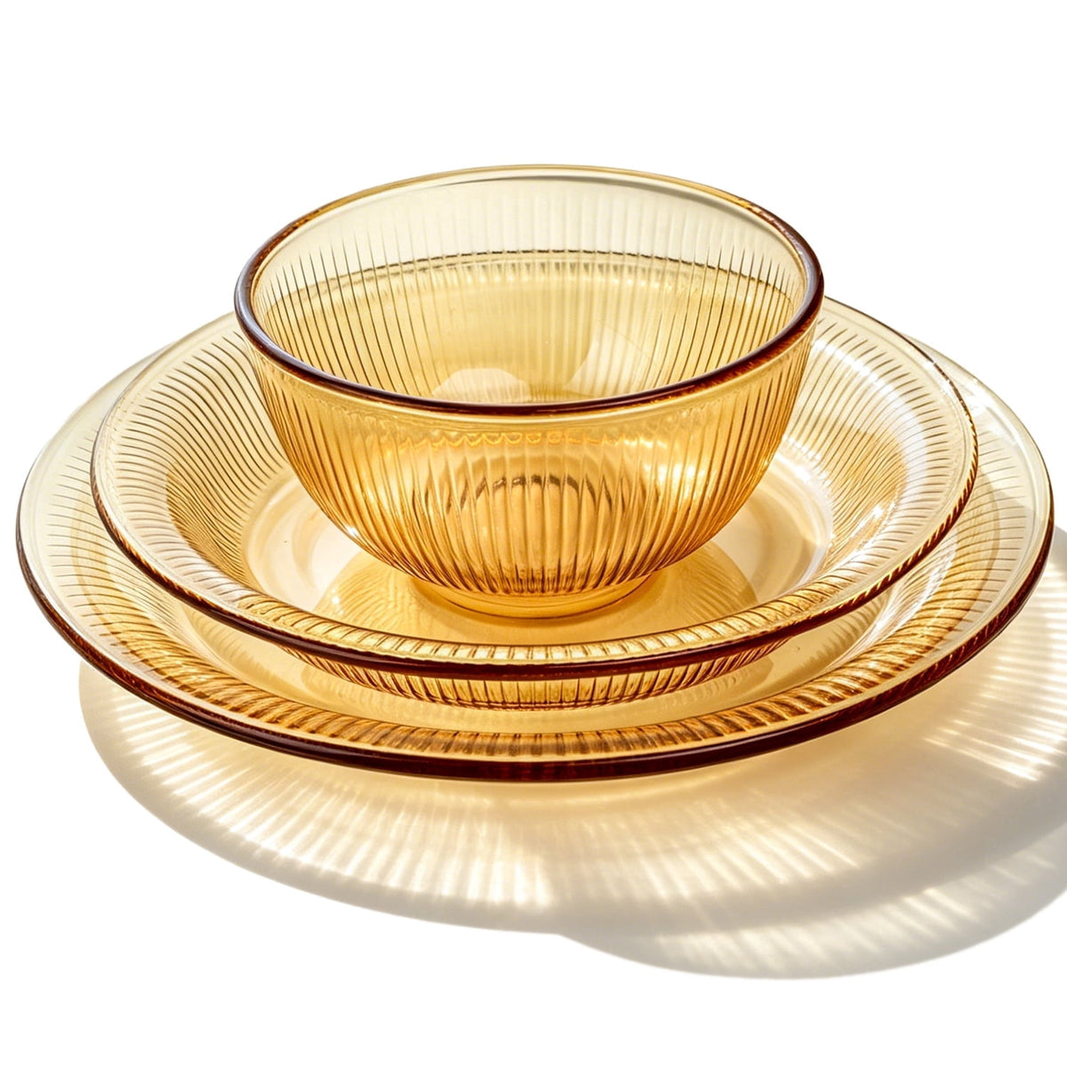 TINANA 12 Piece Amber Glass Dinnerware Set, Stackable Plates and Bowls Set, Service for 4, Microwave & Dishwasher Safe