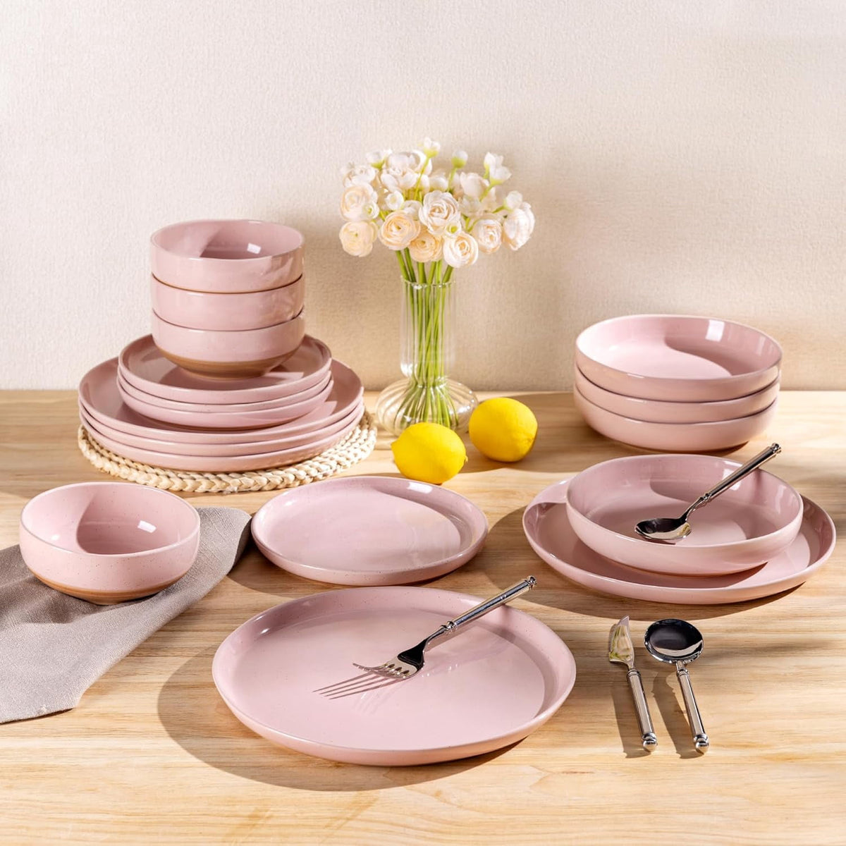 AmorArc Ceramic Dinnerware Sets for 4, 12 Pieces Handpainted Plates and Bowls Set with Rustic Terracotta Underside, Scratch Resistant Stoneware Dishes Set, Dishwasher & Microwave Safe,Light Beige