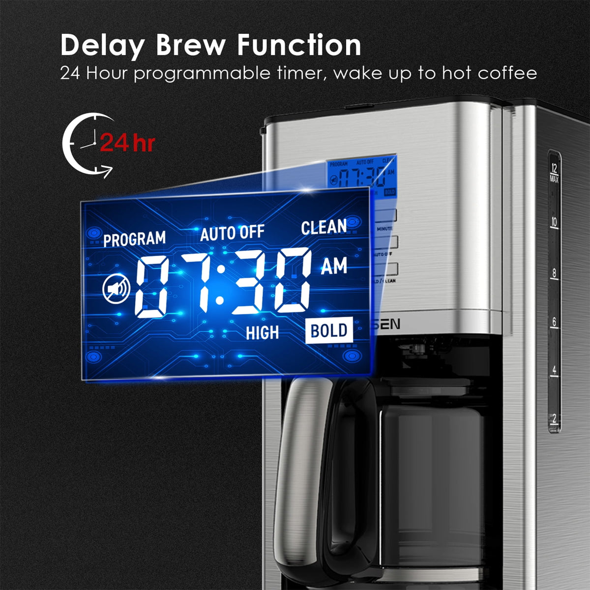AIRMSEN Stainless Steel 12 Cup Drip Coffee Maker, Programmable Coffee Machine Self-Cleaning