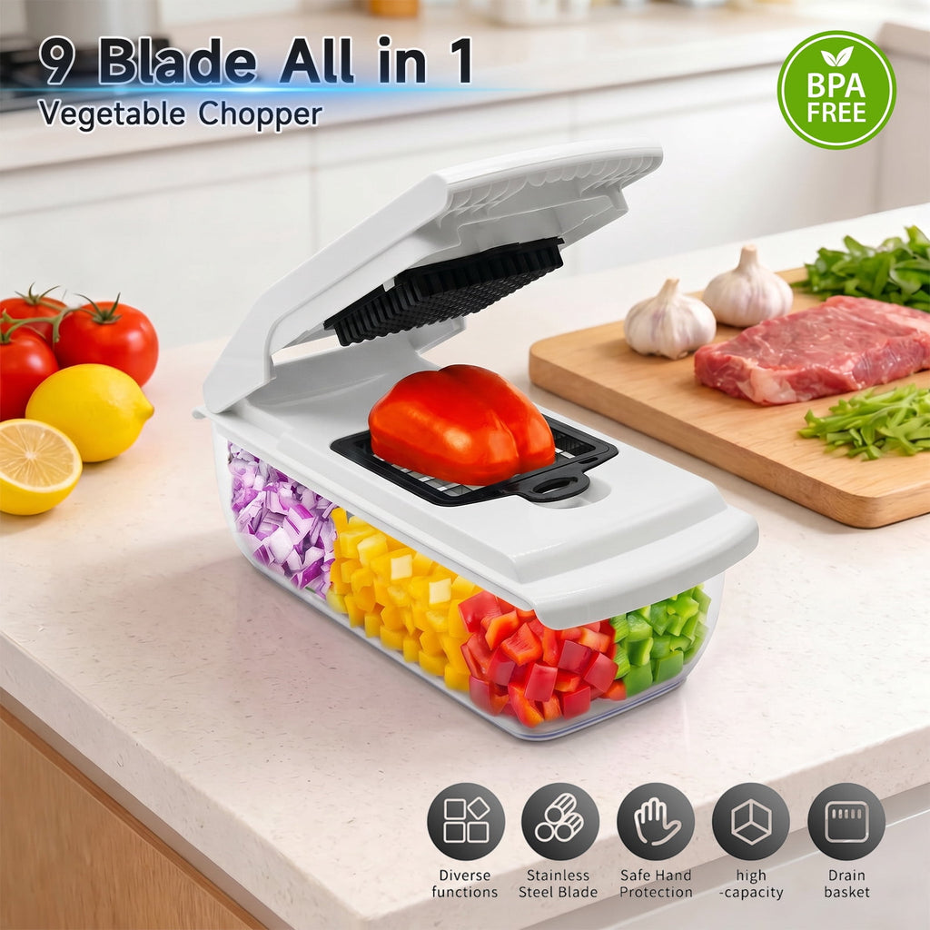 Honhorrs Vegetable Chopper Mandoline Slicer with Container, Food Veggie Chopper, Cheese Grater, Onion Vegetable Cutter for Kitchen Gadgets & Gifts, Home Essentials (9-in-1, Black)