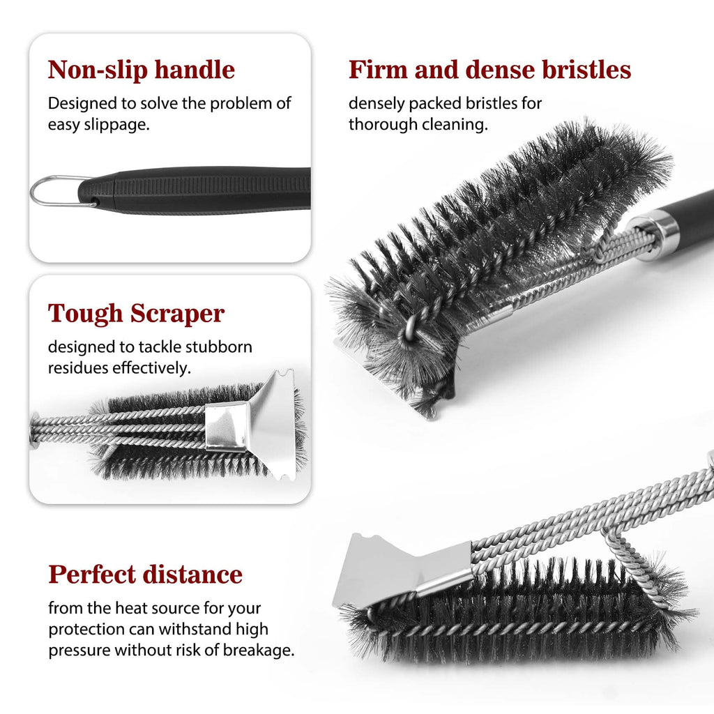 Grill Brush and Scraper, 3-in-1 BBQ Grill Brush for Outdoor Grill, 17.3" Heavy Duty Steel Wire Grill Cleaner, Detachable PP Handle, Gifts for Daddy
