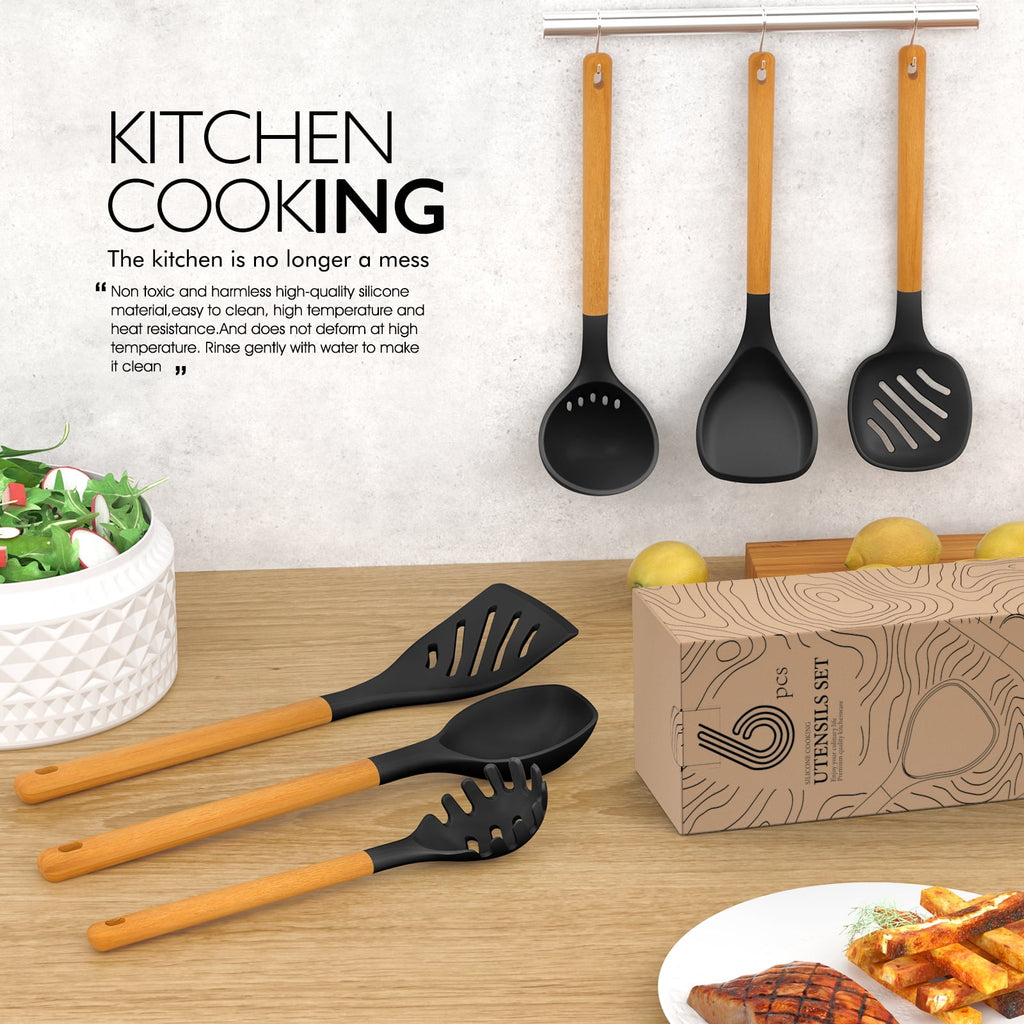 Silicone Kitchen Utensils Set, 600°F Heat Resistant Silicone Cooking Utensils, Spatula, Spoon, Whisk, Tongs, Kitchen Gadgets Tools Sets for Nonstick Cookware, Dishwasher Safe BPA Free (Black)