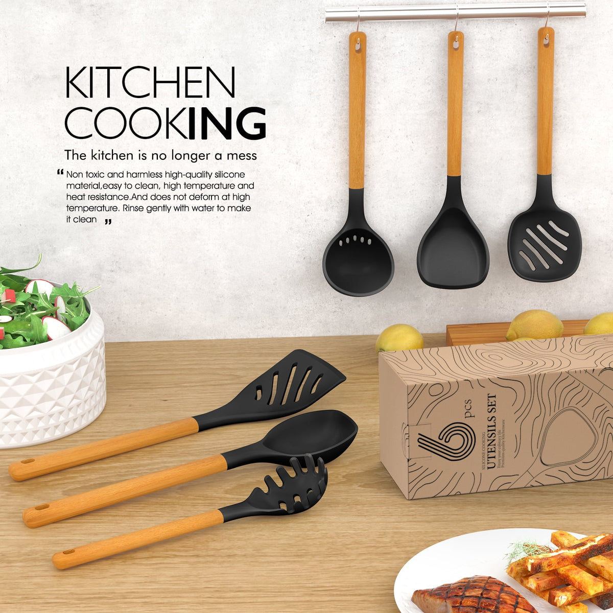 Silicone Kitchen Utensils Set, 600°F Heat Resistant Silicone Cooking Utensils, Spatula, Spoon, Whisk, Tongs, Kitchen Gadgets Tools Sets for Nonstick Cookware, Dishwasher Safe BPA Free (Black)