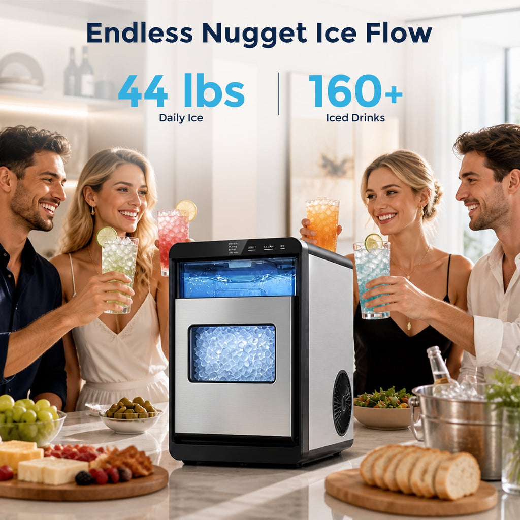 Snowyermine Nugget Ice Maker Countertop, 44 lbs per Day, Soft, Chewable Sonic-Style Pebble Ice, One-Touch Self-Cleaning, Stainless Steel, Black, for Home, Kitchen, Office, RV and Camping