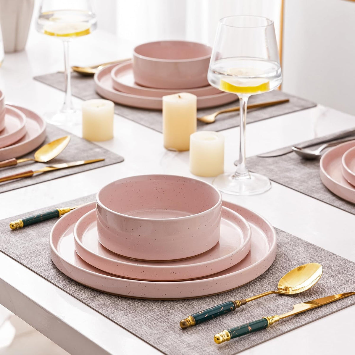 AmorArc Ceramic Dinnerware Set for 4 | Speckled Stoneware Plates and Bowls with unglazed terracotta | Scratch Resistant, Dishwasher & Microwave Safe Dishes Sets- 12-Pcs Pink