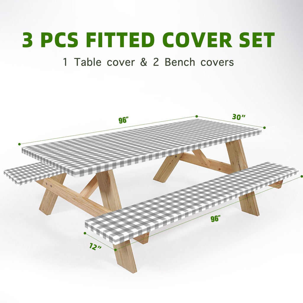 UMINEUX 3-Piece Rectangle Checkered Picnic Table Cover with Bench Covers Vinyl Flannel Backing with Elastic Edge (30"x72", Black and White)