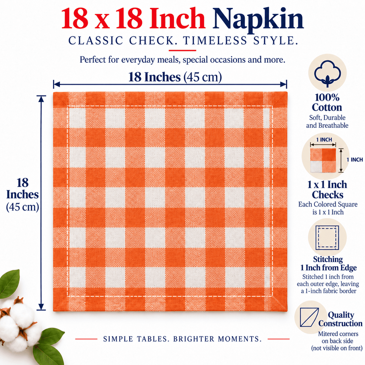 GFI LINEN CLUBS 100% Cotton Gingham Cloth Dinner Napkins, 18 x 18 in, Set of 12, Blue & White