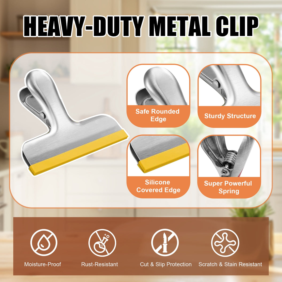 Bag Clips 8 Pack, 3 Inch Heavy-Duty Metal Chip Clips with Silicone Edge, Strong Sealing Food Bag Sealer for Kitchen & Office, Snacks, Coffee, Paper Organization