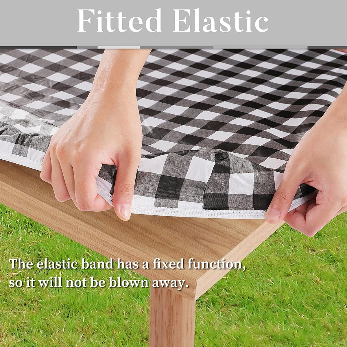 UMINEUX 3-Piece Rectangle Checkered Picnic Table Cover with Bench Covers Vinyl Flannel Backing with Elastic Edge (30"x72", Black and White)
