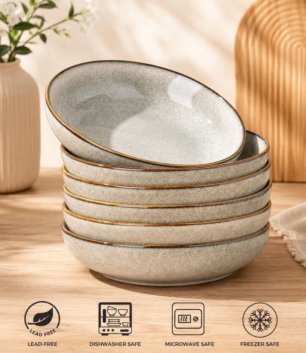 AmorArc 8.5'' Large Ceramic Pasta Bowls Set, 36oz Stoneware Bowls Set of 6 for Kitchen, Reavtive Glaze Bowls-Microwave,Dishwasher Safe for Pasta,Salad,Oatmeal-Ceylon Blue