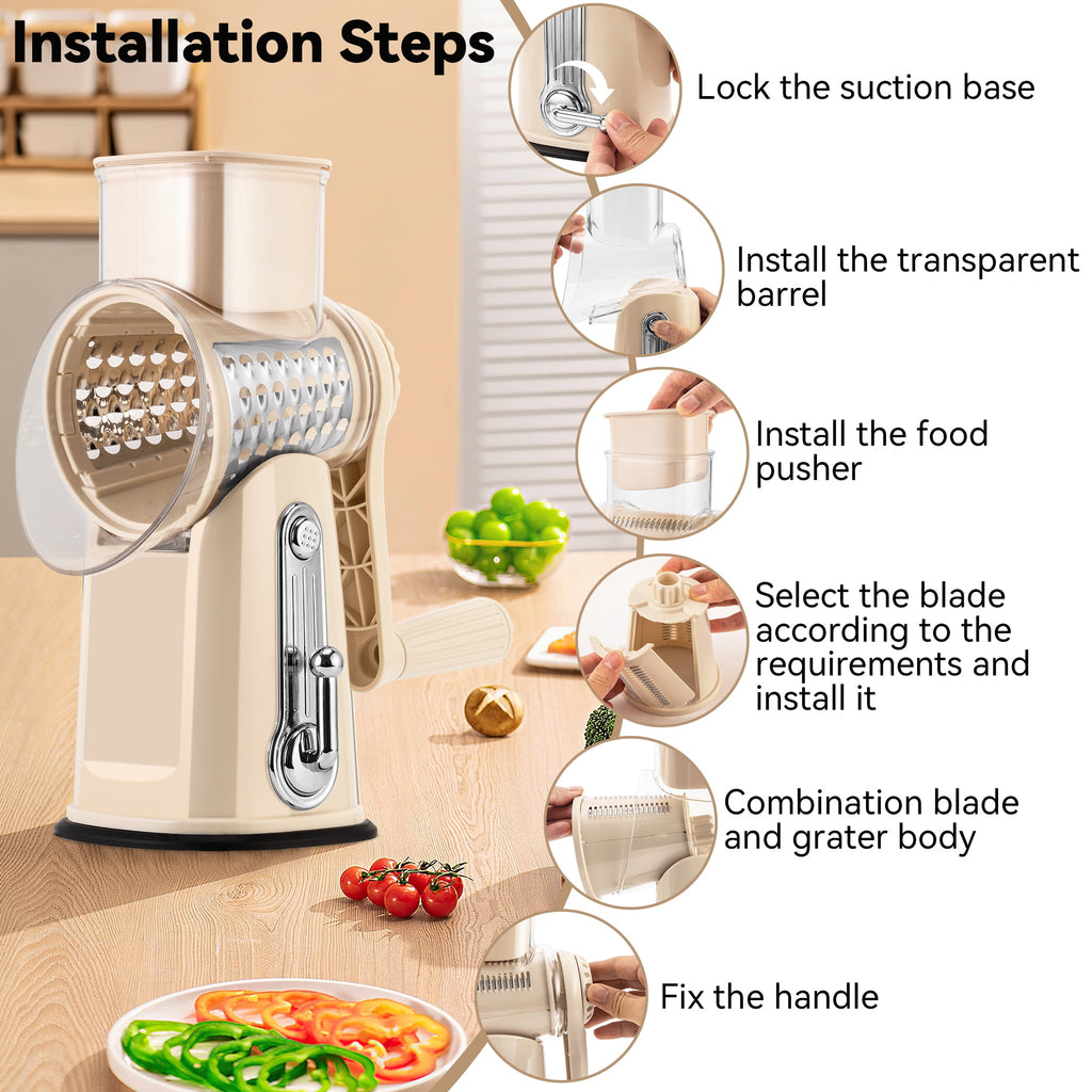 Pukomc Rotary Cheese Grater with Handle- 5 Blades, Suction Base, Mandoline Slicer & Veg Shredder with Blade Storage Box(Green)