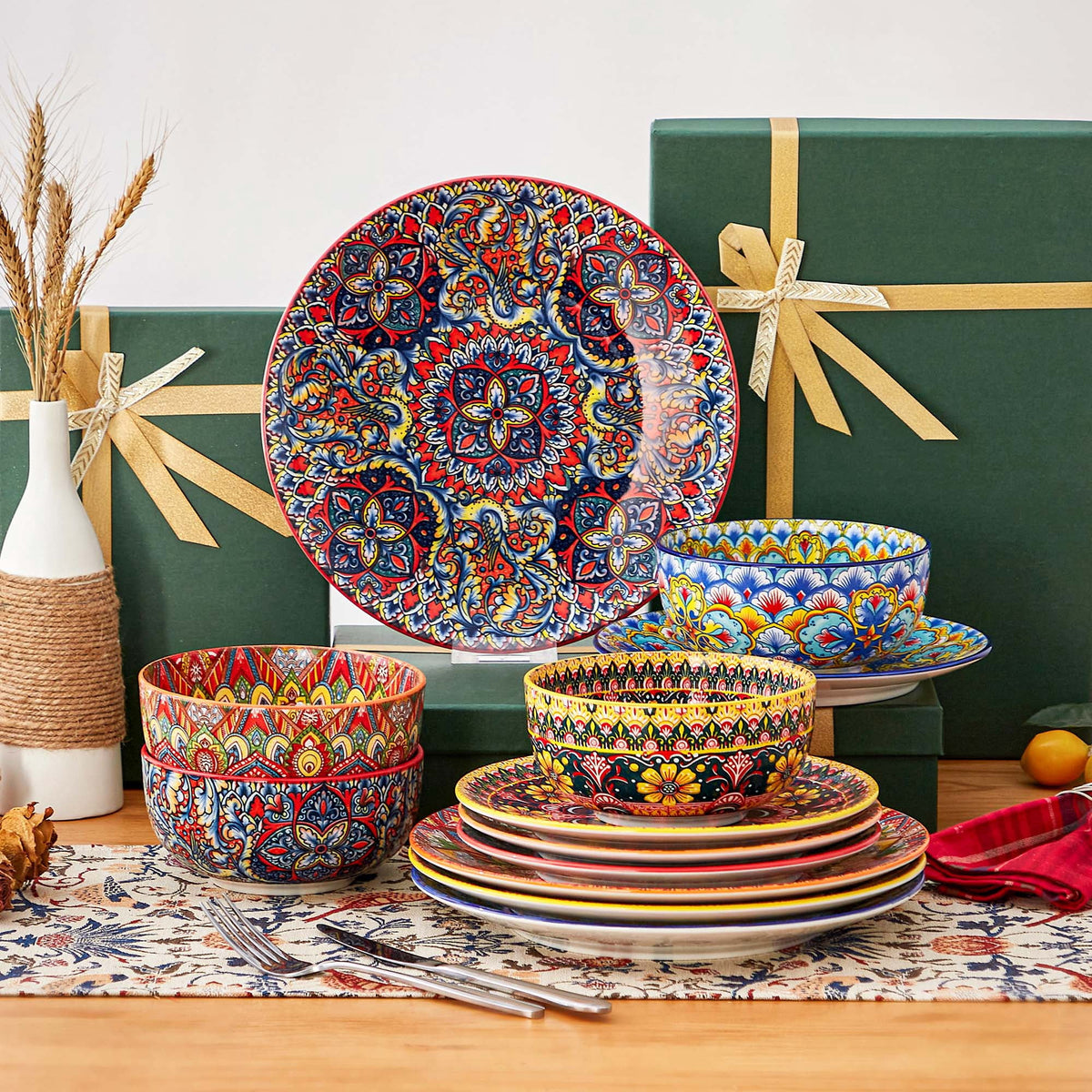 Vancasso Dinnerware Set, Porcelain Plates and Bowls Set for 4, 12 Pieces Ceramic Boho Dish Set for Kitchen, Dishwasher and Microwave Safe, Series LUMI