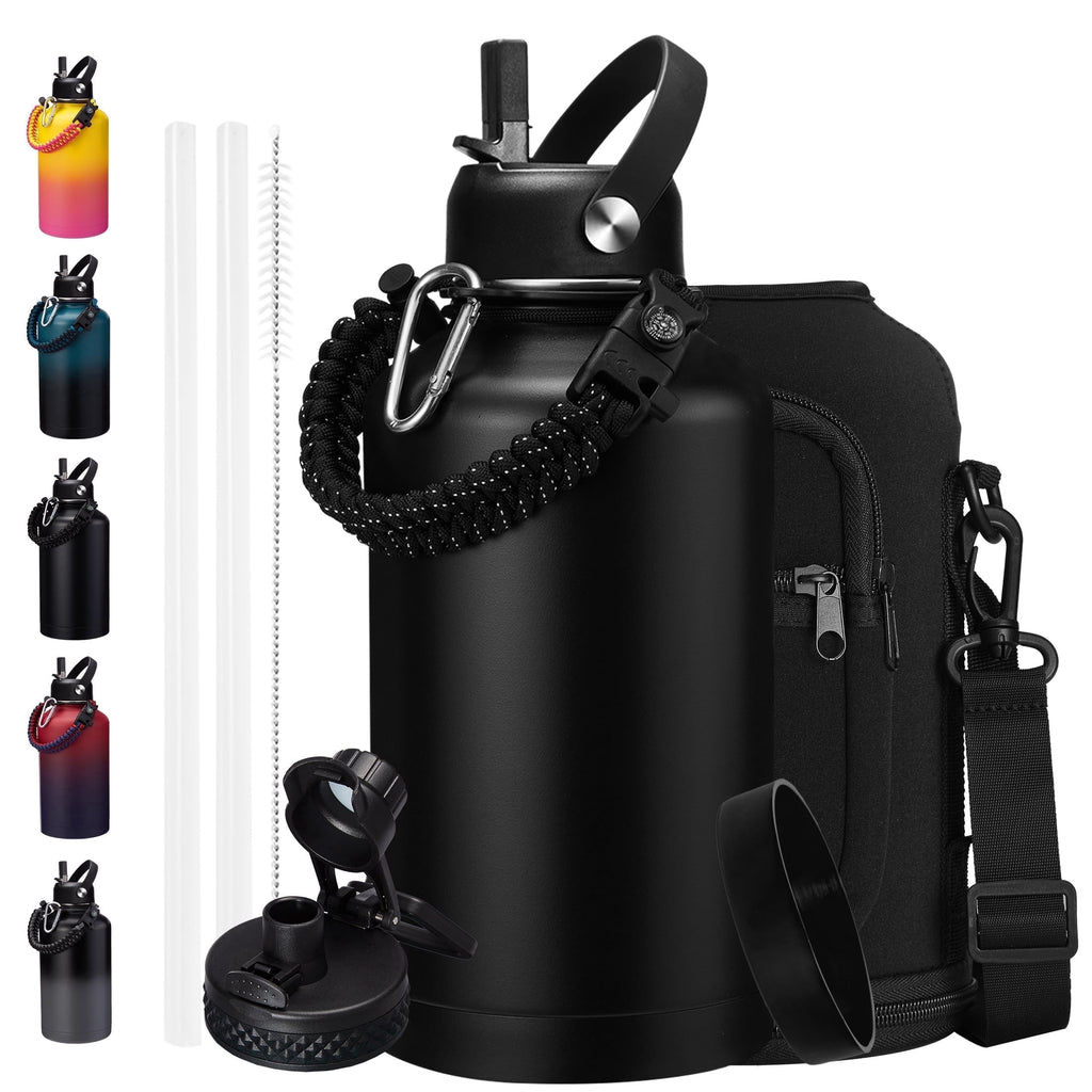 64 oz Water Bottle with Straw & Spout Lids - Half Gallon Insulated Water Bottle,Wide Mouth Metal Canteen Thermo Flask,Leak-proof Water Jug,Black