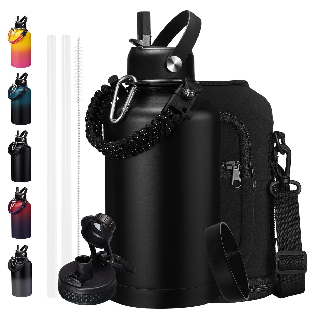 64 oz Water Bottle with Straw & Spout Lids - Half Gallon Insulated Water Bottle,Wide Mouth Metal Canteen Thermo Flask,Leak-proof Water Jug,Black